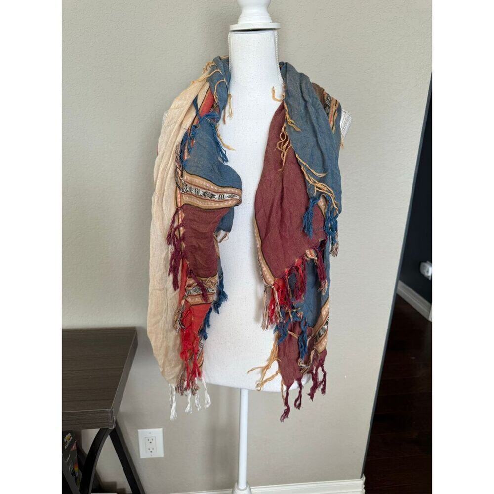 Francescas Detailed Multicolor Square Scarf Blue Red Boho Tassel Fringe NWT